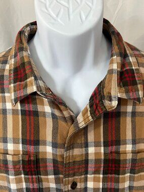 🍂 Toad & Co Men's Tan Black Red Plaid Heavy Flannel Long Sleeve Shirt L 🪵